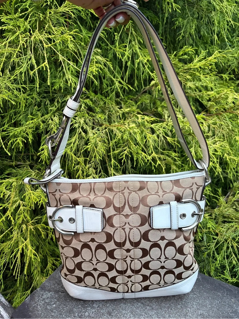 Coach Signature Buckle Shoulder Bag White Leather Trim & Canvas Hobo Y2K